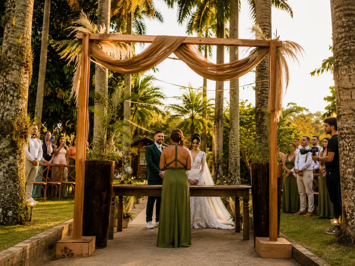 Cerimônia intimista de mini wedding sob altar de madeira no bosque