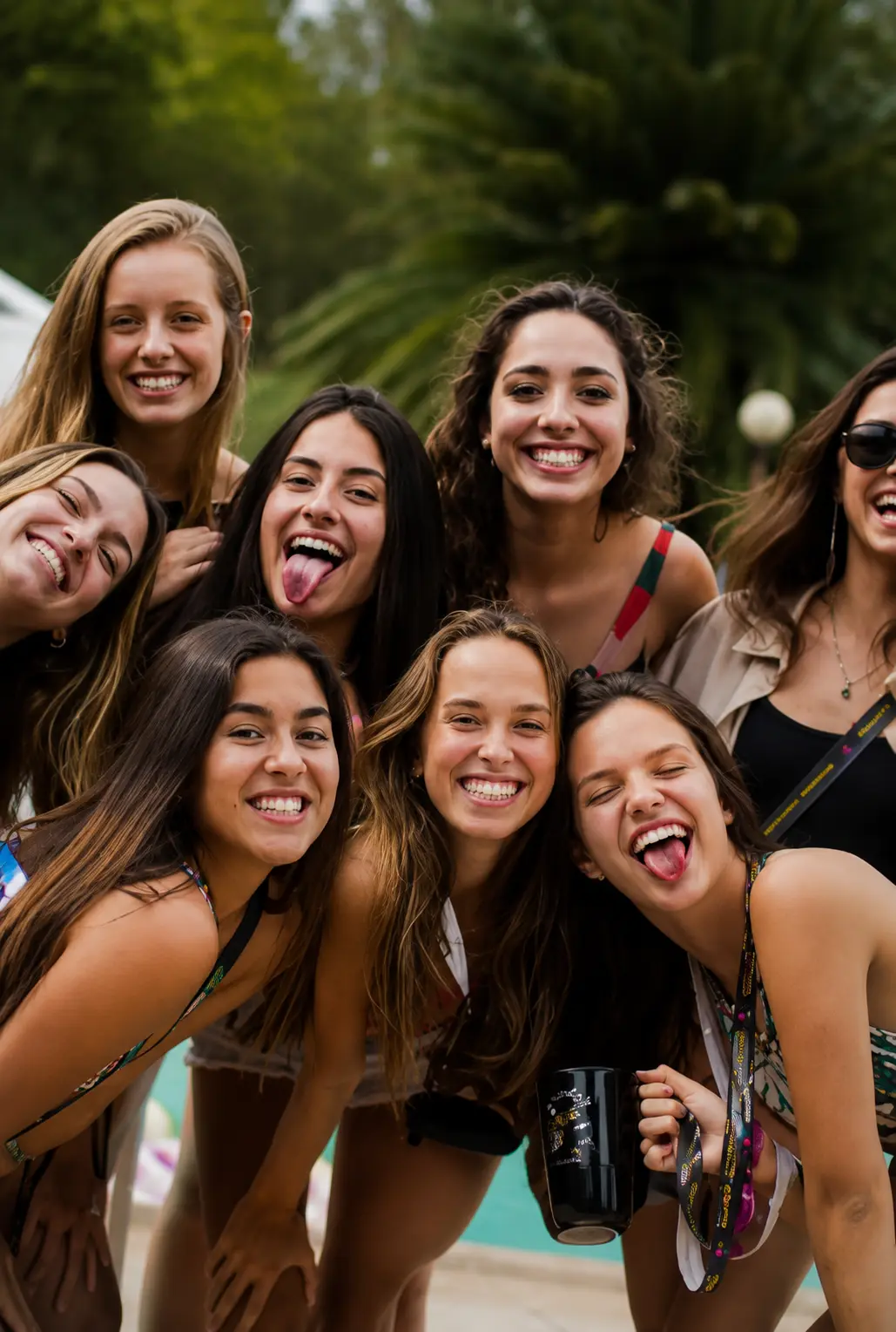 Grupo de amigas sorrindo em festa de aniversário à beira da piscina